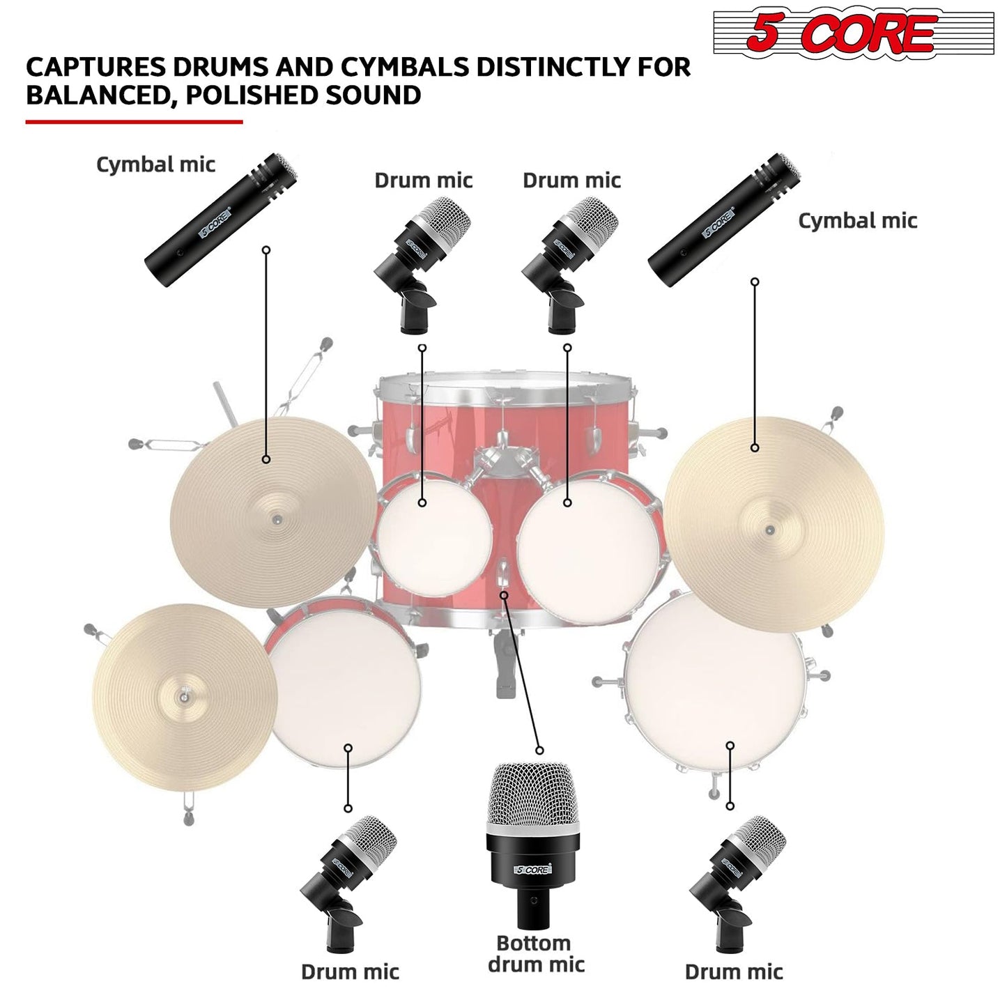 5Core Drum Mic Kit 7 Pcs Kick BassTom Snare Dynamic Microphone