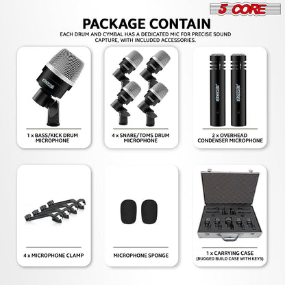 5Core Drum Mic Kit 7 Pcs Kick BassTom Snare Dynamic Microphone