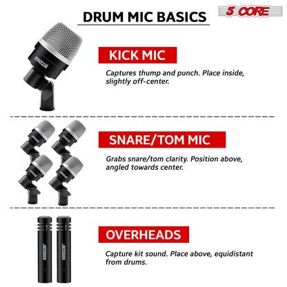 5Core Drum Mic Kit 7 Pcs Kick BassTom Snare Dynamic Microphone